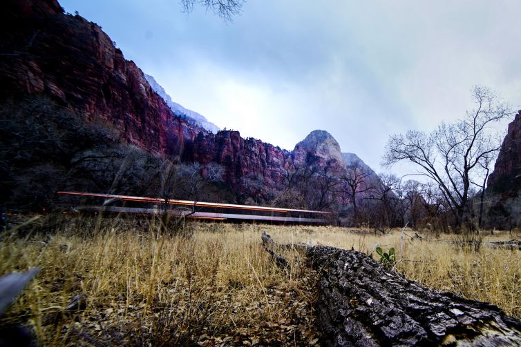 A serene view of Zion National Park featuring towering red cliffs and dry grassland.