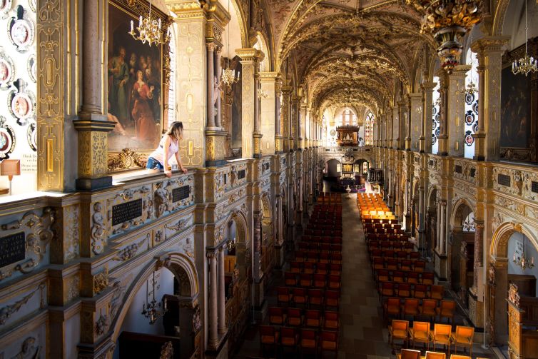 Interior view of a historical church in Hillerød, Denmark, highlighting its intricate architecture.