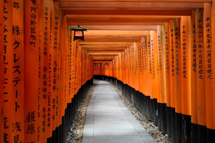 Pathway lined with vibrant torii gates at Fushimi Inari Shrine, Kyoto.