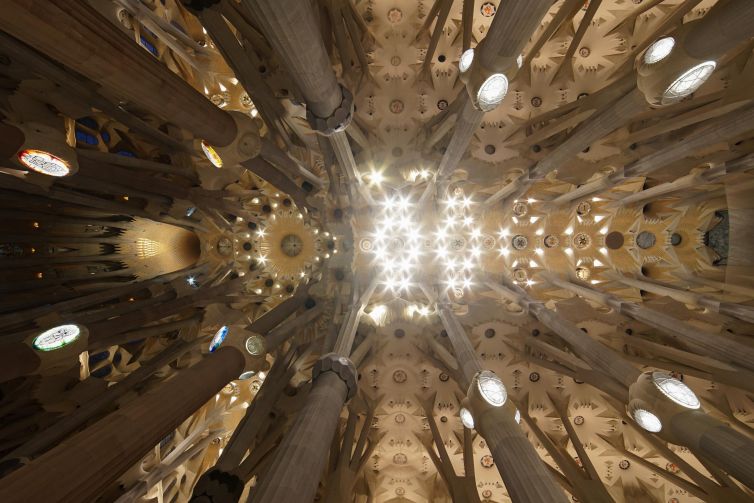 Sagrada Família ceiling, a masterpiece of Gaudí's architecture in Barcelona.